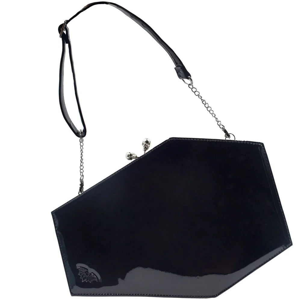 Skull Kiss Lock Deluxe Patent Coffin Handbag